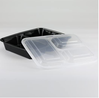 Reusable Black 3-Compartment Rectangular Microwavable Container